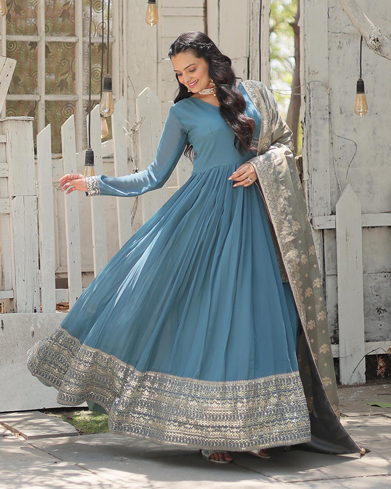 Dusty and Pastel Sky Long Anarkali Gown for Festival and Party for women