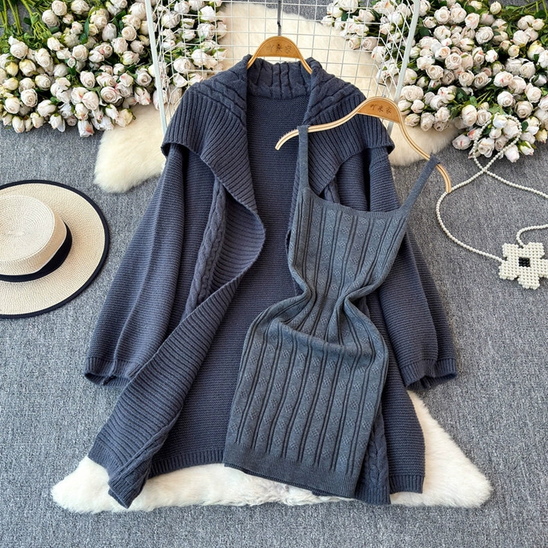 Korean Style Women's Autumn/Winter Lazy Loose Knitted Sweater Shawl Coat & Inner Suspender Dress Set" 24th Spoke Korean Style Women's Autumn/Winter Lazy Loose Knitted Sweater Shawl Coat & Inner Suspender Dress Set" 24th Spoke