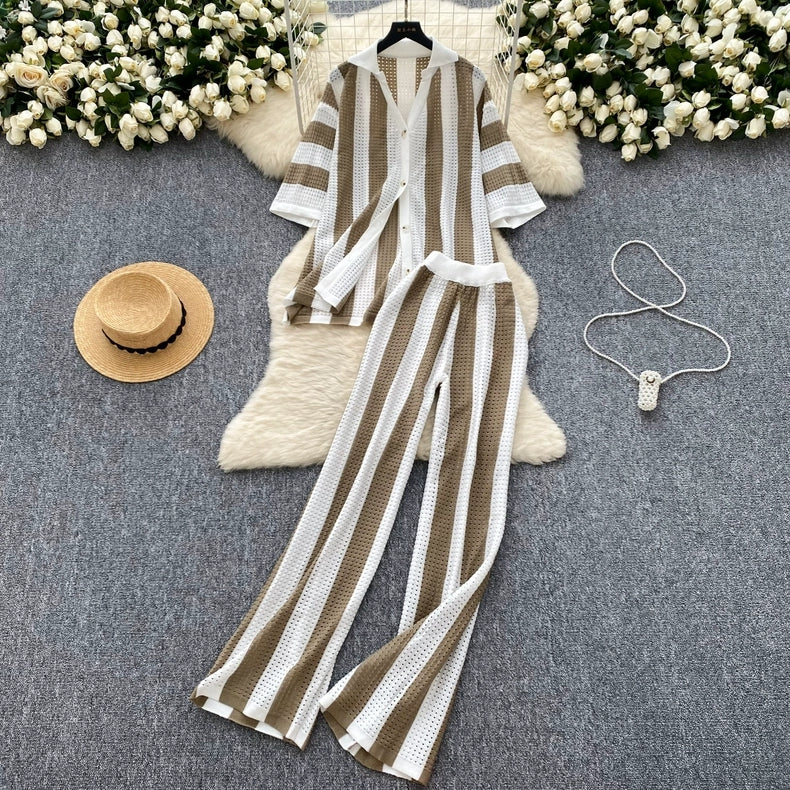 Korean Style Fashion Suit for Women Casual Striped Knit Top High Waist Wide Leg Trousers 24th Spoke