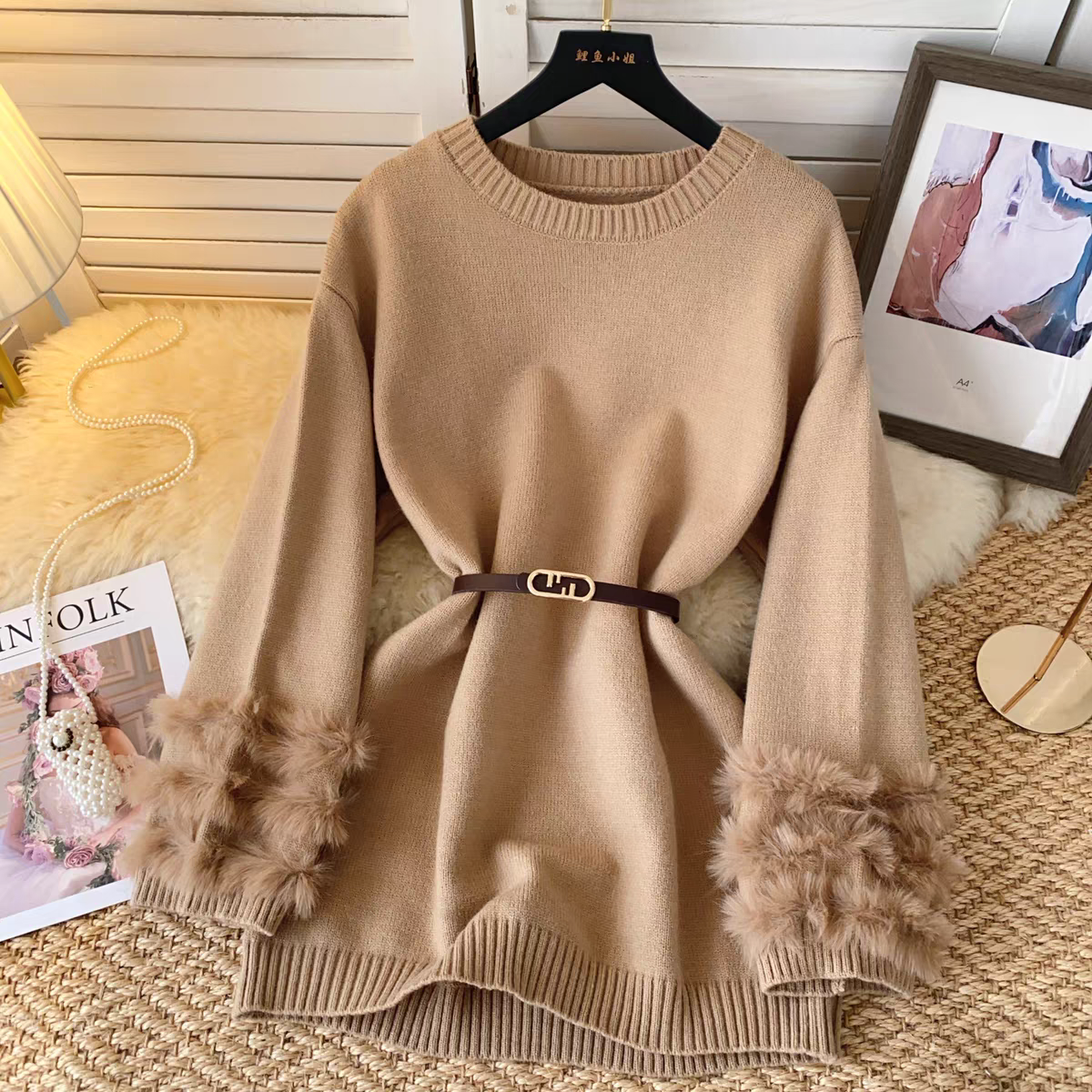 winter loose dresses Autumn/Winter Cinched Waist Elegant Lady Style Fabric Loose Fit Unlined Solid Color Pleated With Belt Vintage Dress Fall Dresses For Black