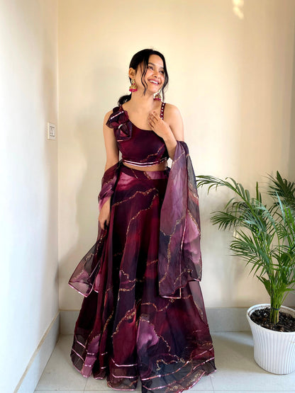 Designer Wine Organza ready to wear lehenga set for party and wedding