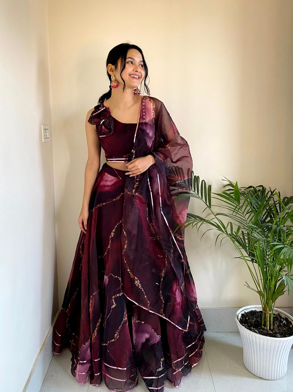 Designer Wine Organza ready to wear lehenga set for party and wedding