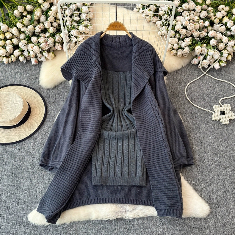 Korean Style Women's Autumn/Winter Lazy Loose Knitted Sweater Shawl Coat & Inner Suspender Dress Set" 24th Spoke Korean Style Women's Autumn/Winter Lazy Loose Knitted Sweater Shawl Coat & Inner Suspender Dress Set" 24th Spoke