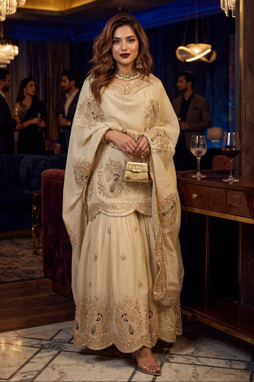 Cream Colour Full Stitched sharara suit set
