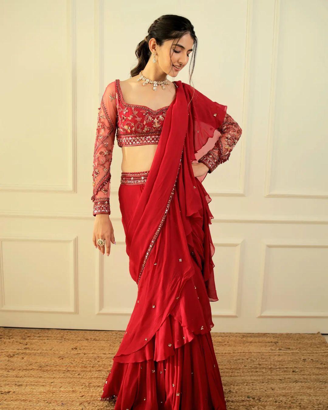 Kiara Red Ruffle Saree, Karwachauth Special, Red Bollywood Saree - 24th Spoke