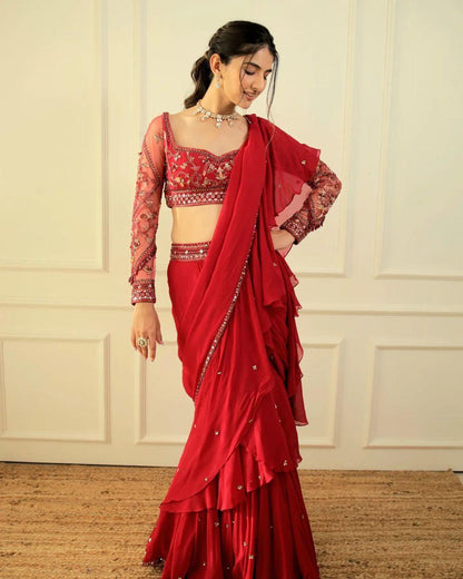 Kiara Red Ruffle Saree, Karwachauth Special, Red Bollywood Saree - 24th Spoke