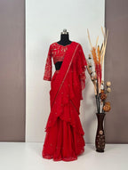 Kiara Red Ruffle Saree, Karwachauth Special, Red Bollywood Saree - 24th Spoke