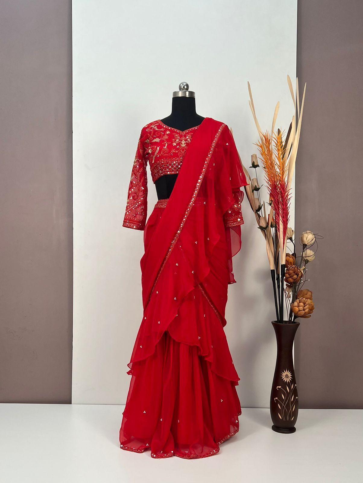 Kiara Red Ruffle Saree, Karwachauth Special, Red Bollywood Saree - 24th Spoke