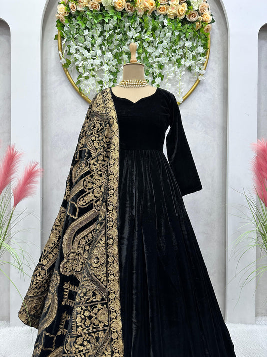 Sabyasachi Desinger Velvet Anarkali Gown with Velvet Shawl Dupatta - 24th Spoke