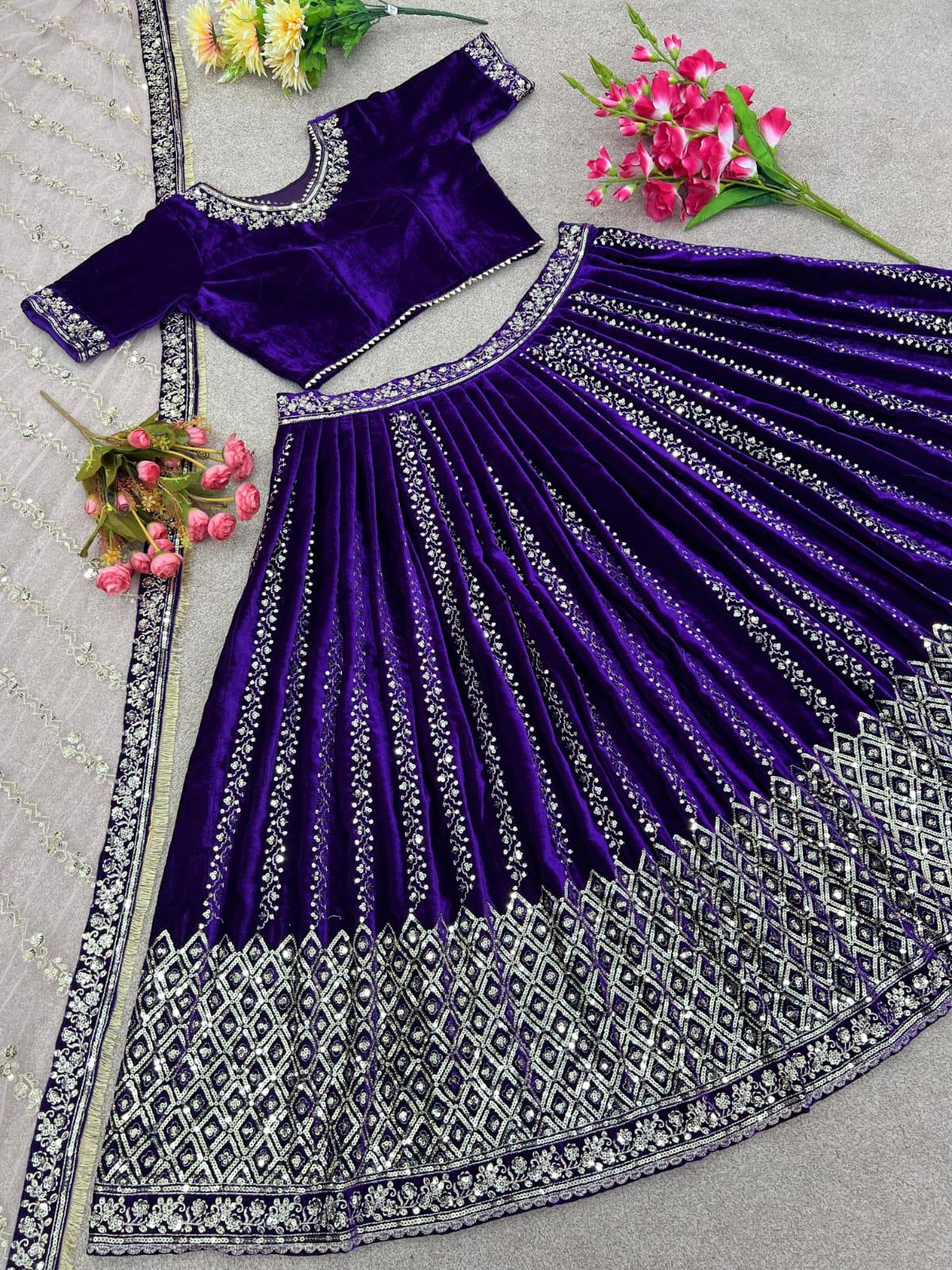 Exclusive Bridal, festive Purple Velvet Sequence Work Lehenga Choli With Dupatta - 24th Spoke