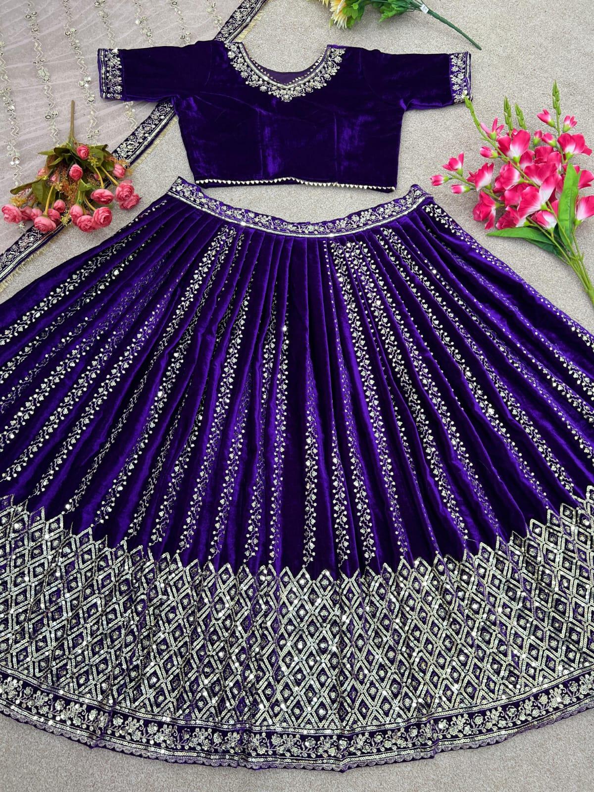 Exclusive Bridal, festive Purple Velvet Sequence Work Lehenga Choli With Dupatta - 24th Spoke