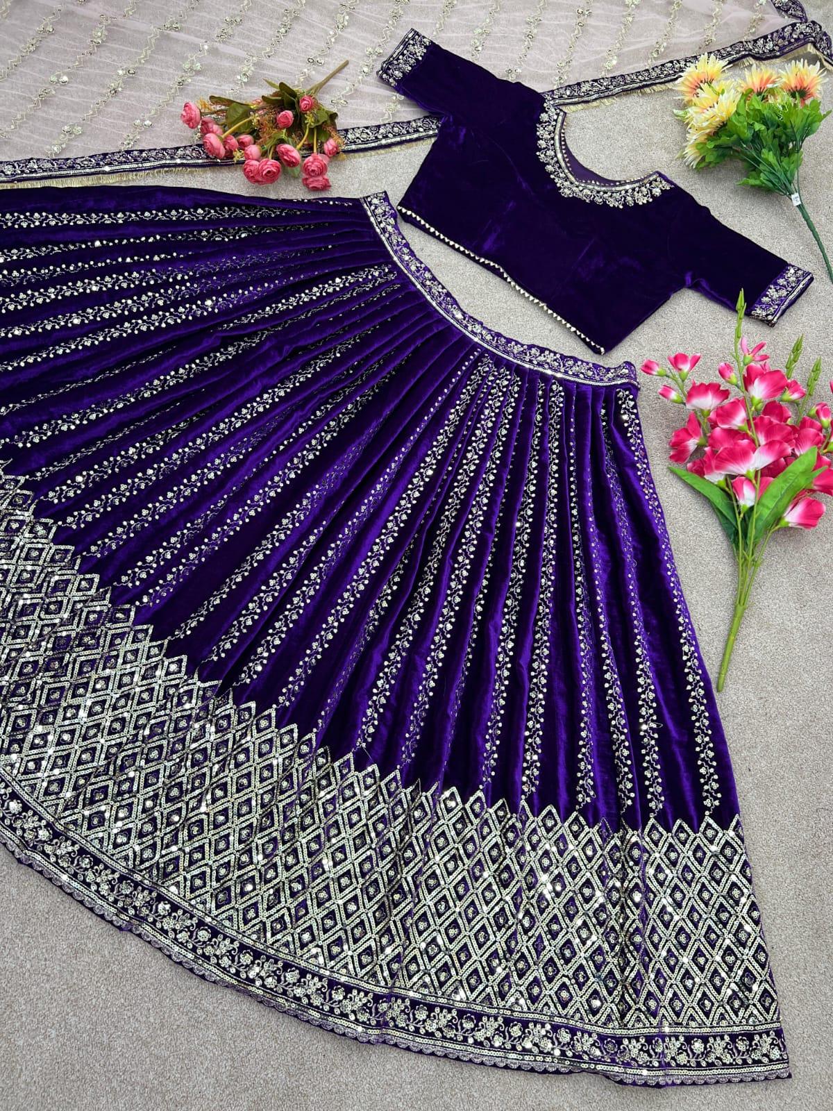 Exclusive Bridal, festive Purple Velvet Sequence Work Lehenga Choli With Dupatta - 24th Spoke