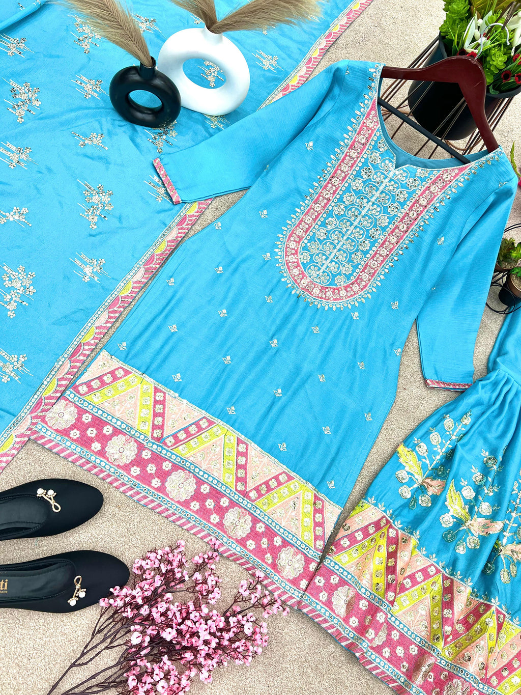 Preity Zinta Bollywood style sky blue sharara suit set for summer wedding and party function 24th Spoke