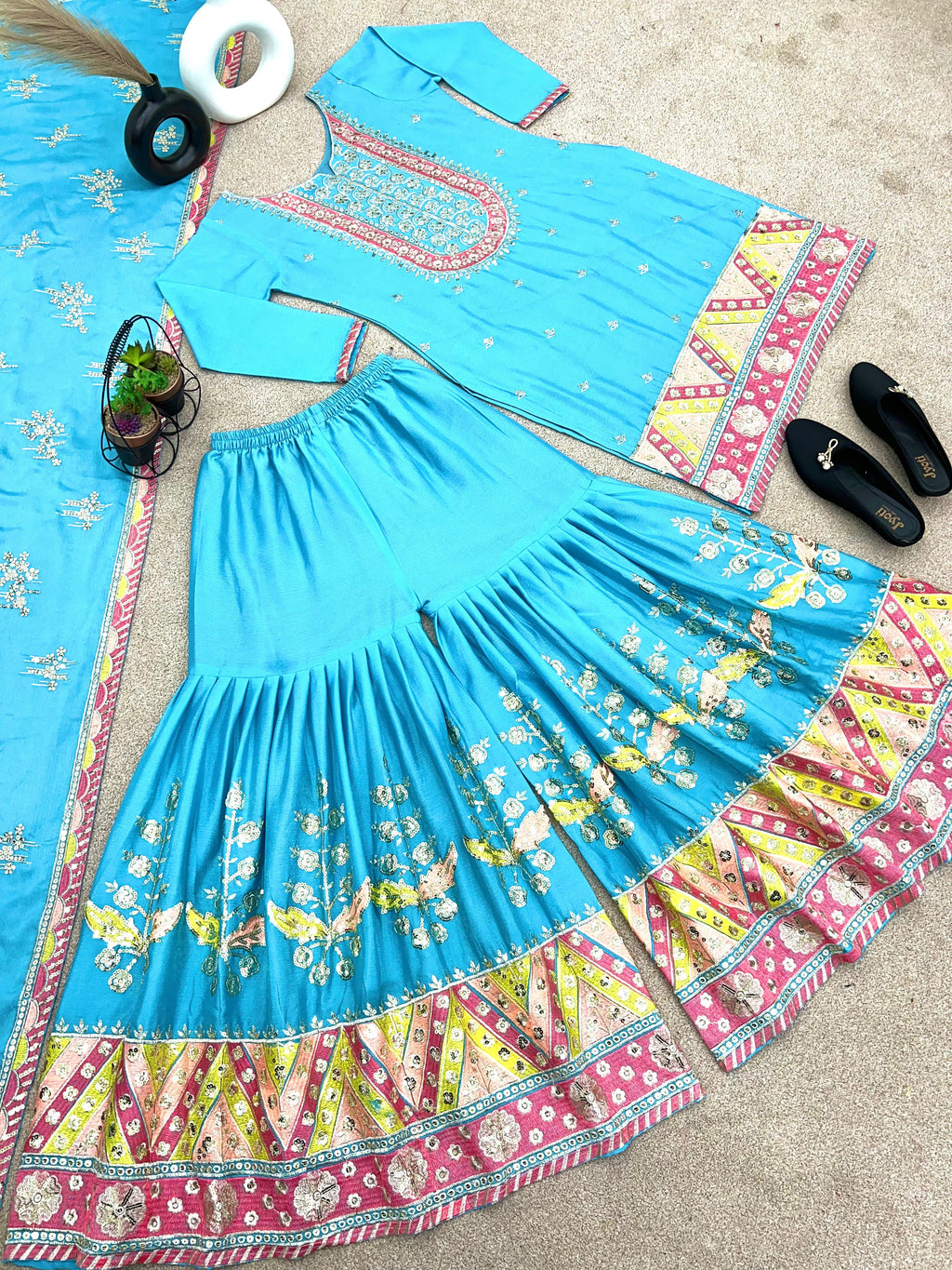 Preity Zinta Bollywood style sky blue sharara suit set for summer wedding and party function 24th Spoke