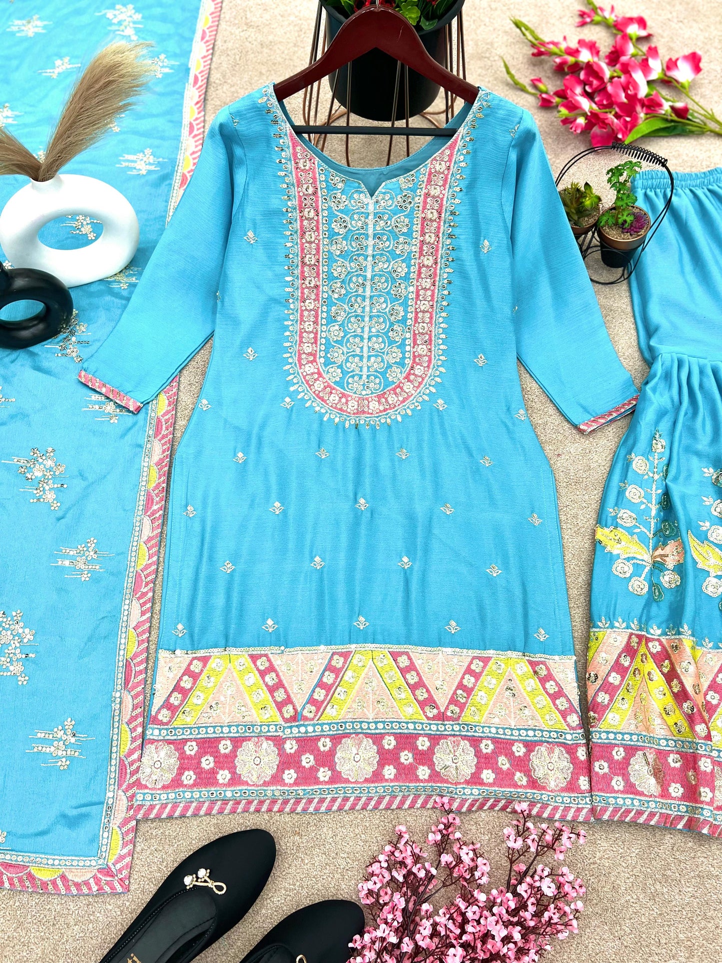 Preity Zinta Bollywood style sky blue sharara suit set for summer wedding and party function