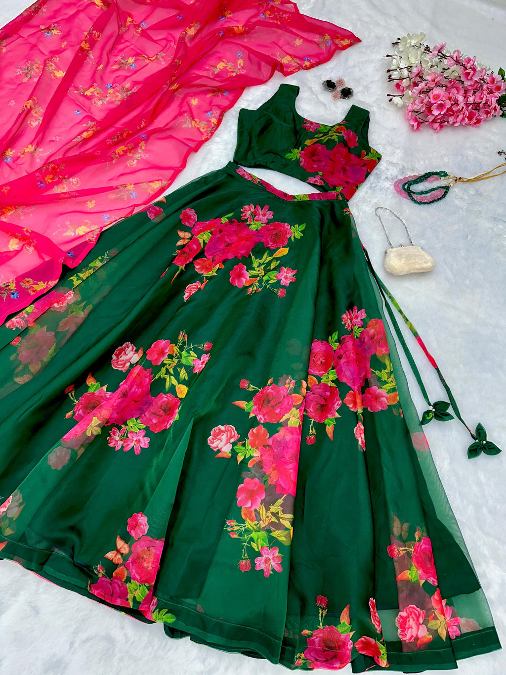 Green Floral Print ready to wear  Lehenga Choli for Mehandi