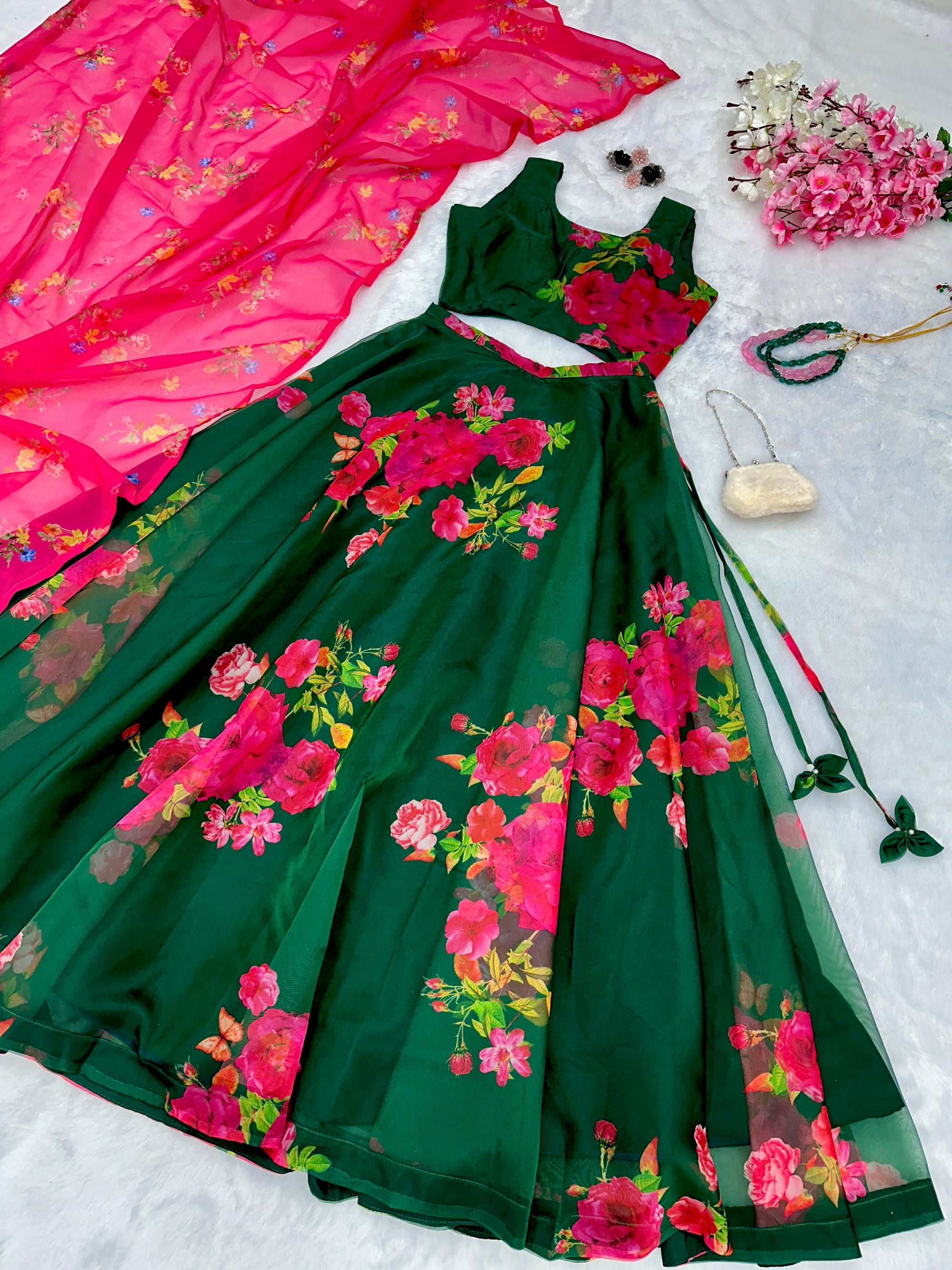 Green Floral Print ready to wear  Lehenga Choli for Mehandi