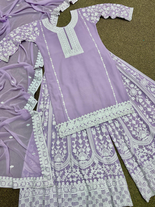 Pastel Lilac shade Chikankari sharara Kurta set for Purple lovers