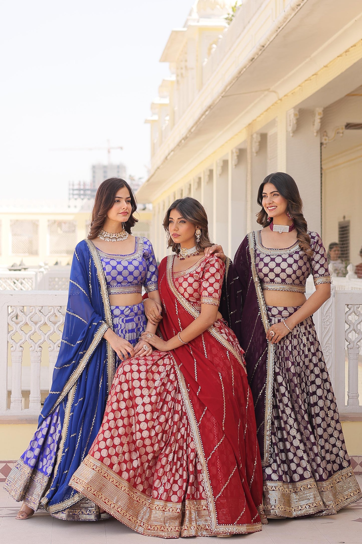 Mesmerizing Banarsi Look bridesmaids Semistiched Lehenga set in Red ,wine and Blue Colour