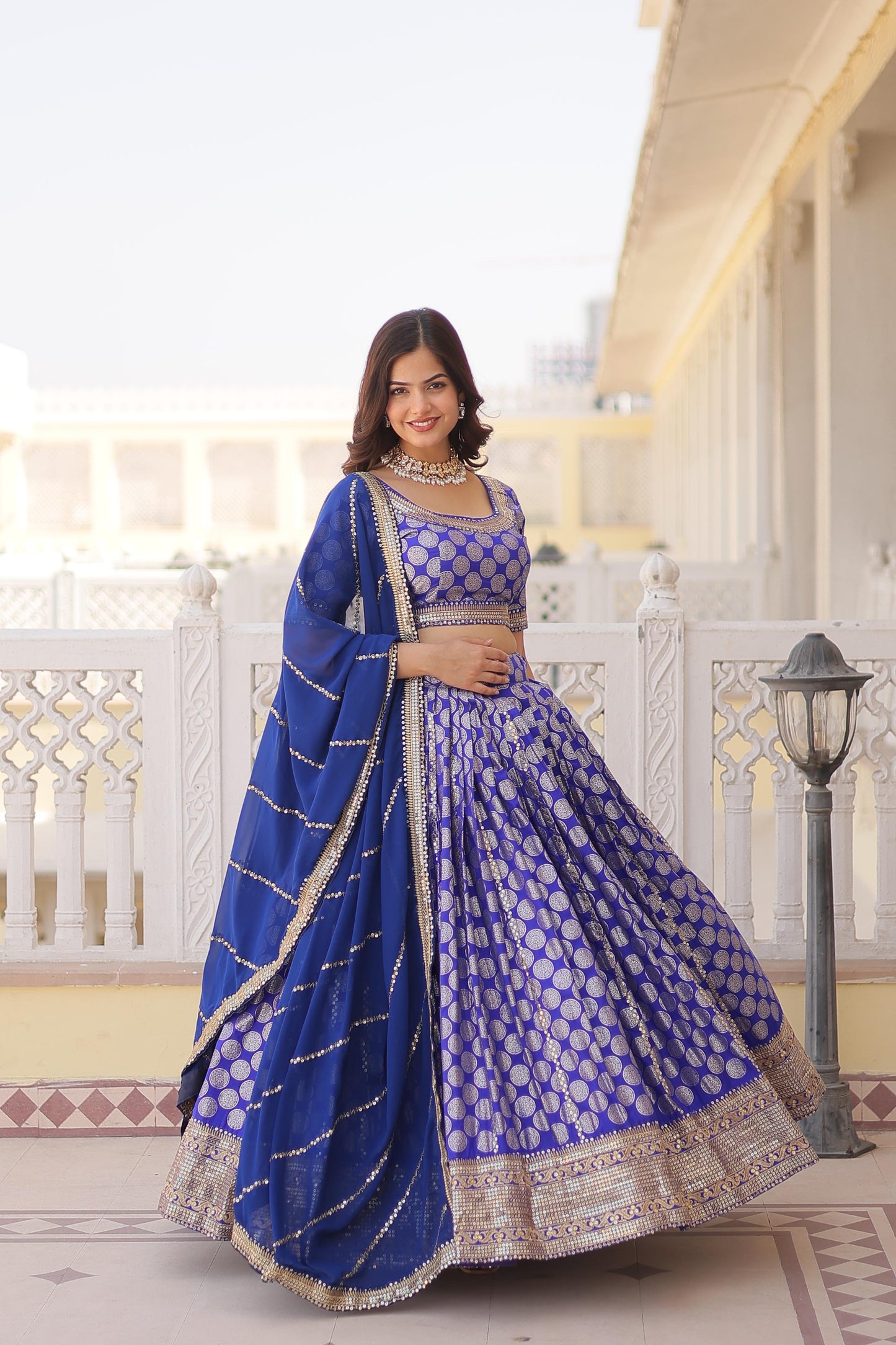 Mesmerizing Banarsi Look bridesmaids Semistiched Lehenga set in Red ,wine and Blue Colour