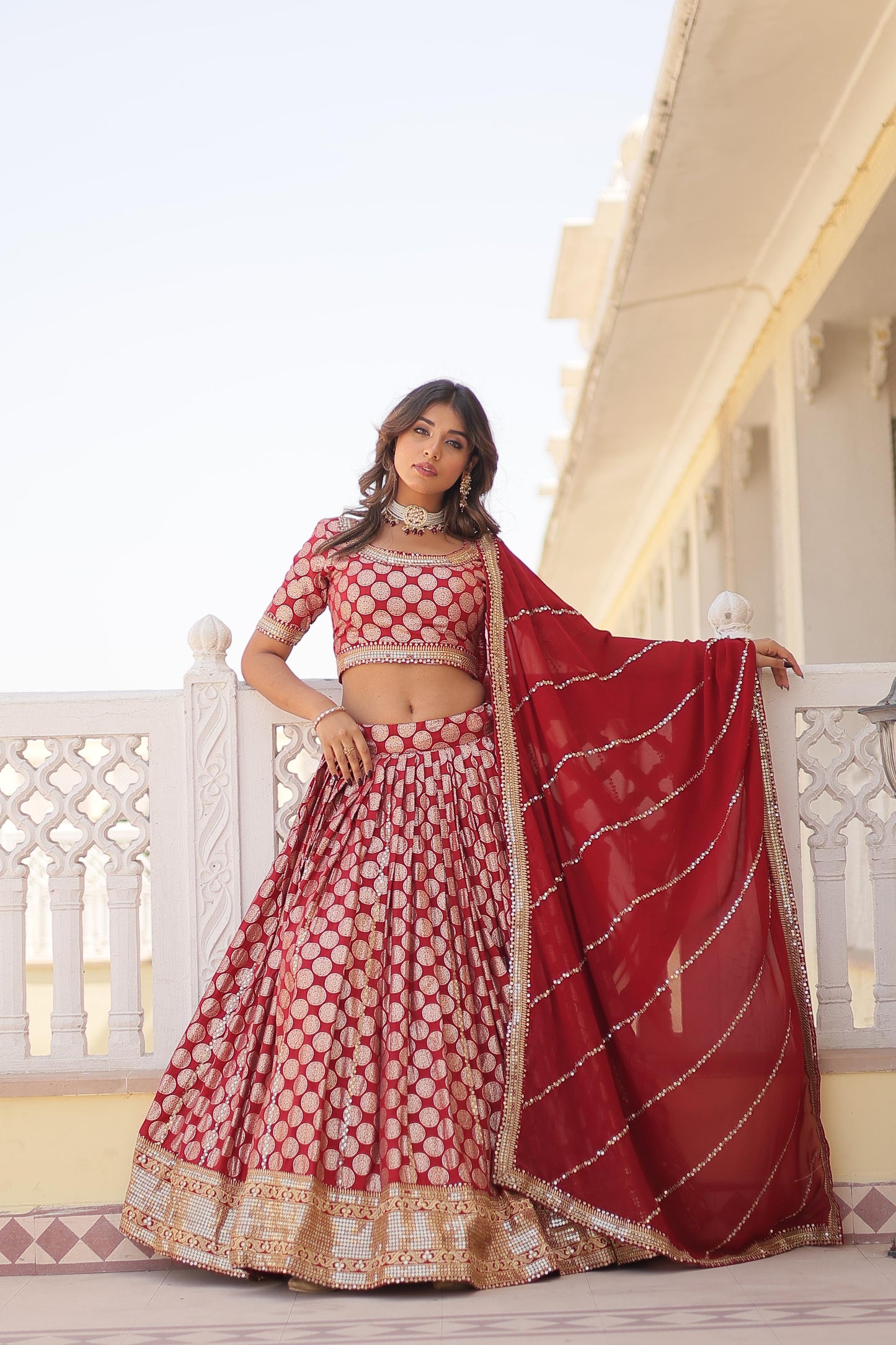 Mesmerizing Banarsi Look bridesmaids Semistiched Lehenga set in Red ,wine and Blue Colour