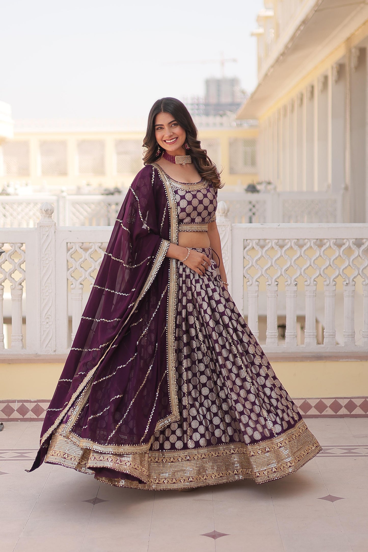 Mesmerizing Banarsi Look bridesmaids Semistiched Lehenga set in Red ,wine and Blue Colour