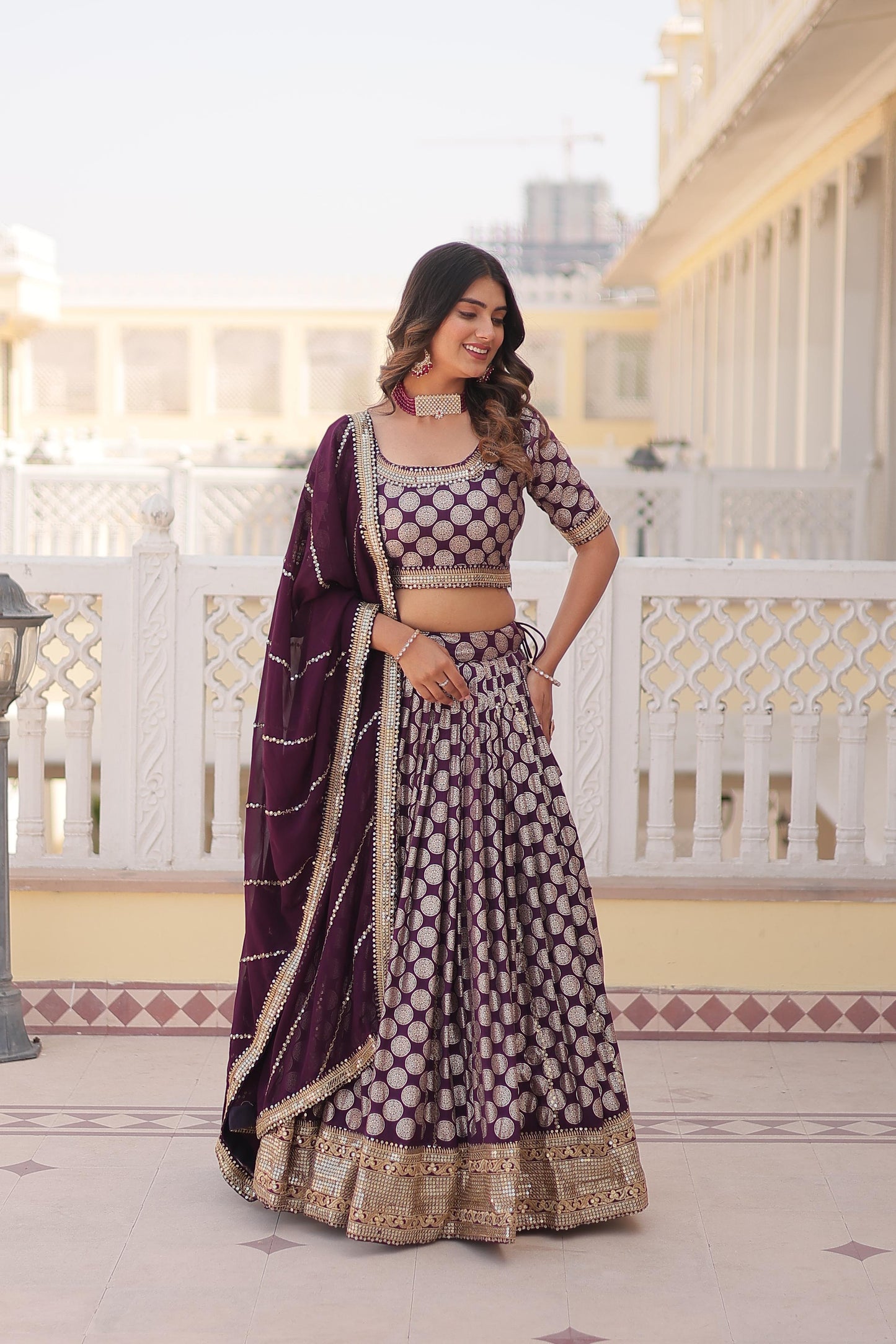 Mesmerizing Banarsi Look bridesmaids Semistiched Lehenga set in Red ,wine and Blue Colour