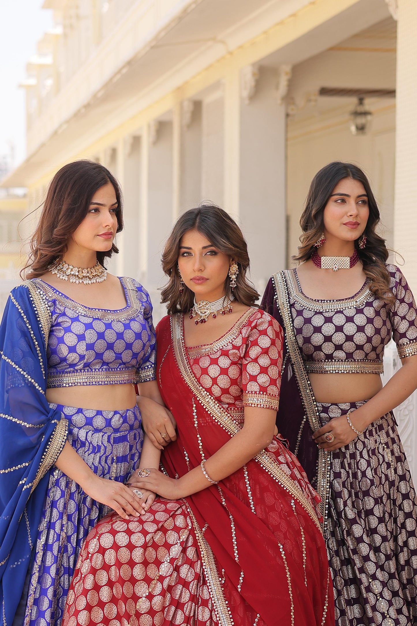 Mesmerizing Banarsi Look bridesmaids Semistiched Lehenga set in Red ,wine and Blue Colour