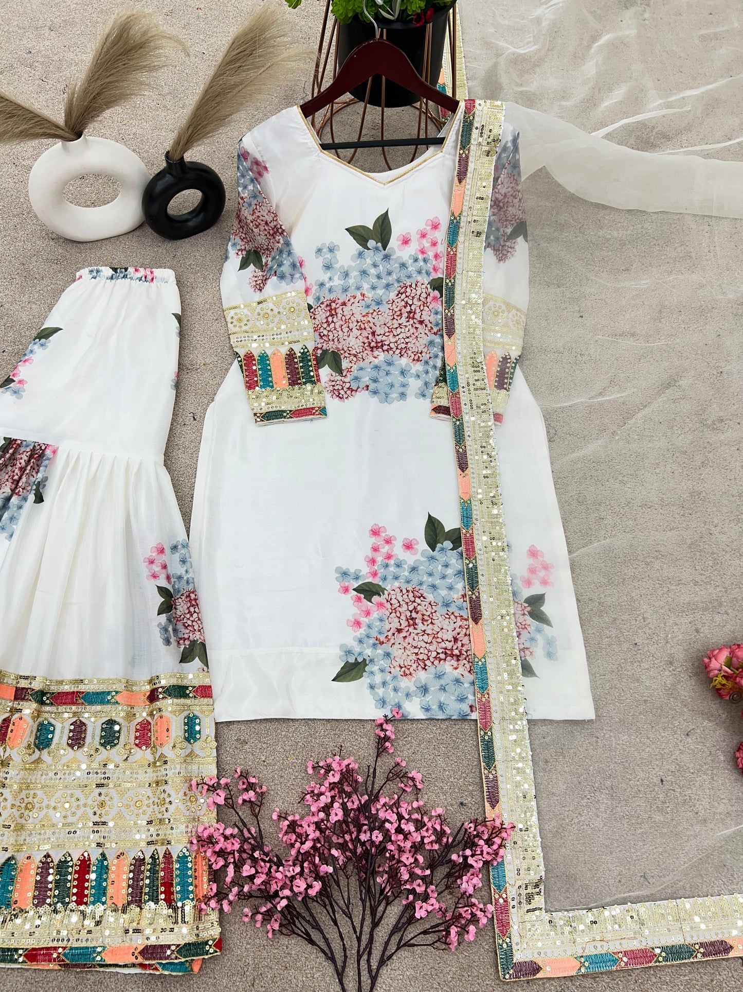 White Floral Print Ready to wear Chinon Sharara set