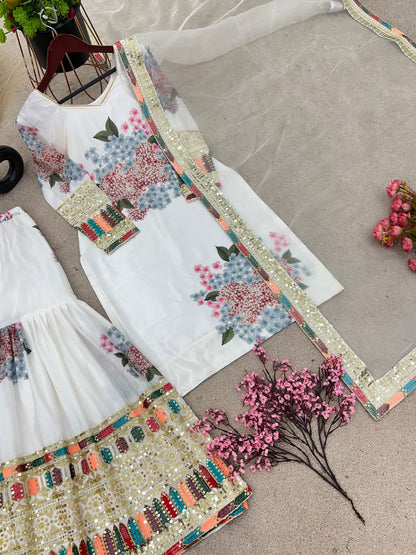 White Floral Print Ready to wear Chinon Sharara set