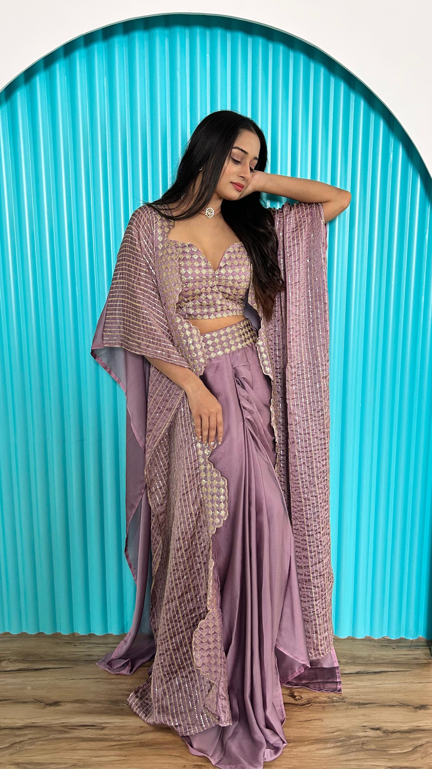 Celebrity  Designer  Indowestern dhoti top and shrug Coord set in pastel colour