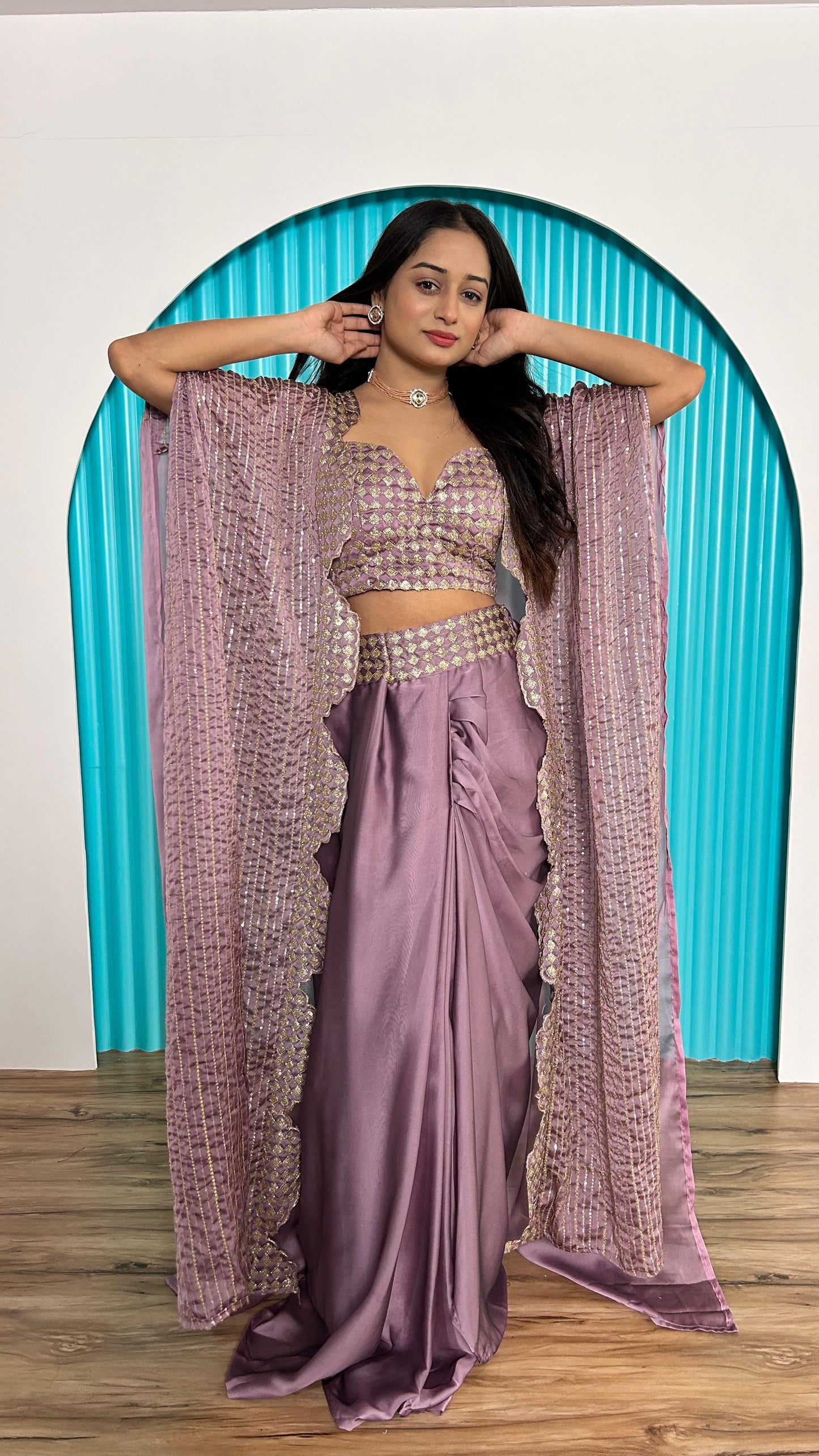 Celebrity  Designer  Indowestern dhoti top and shrug Coord set in pastel colour