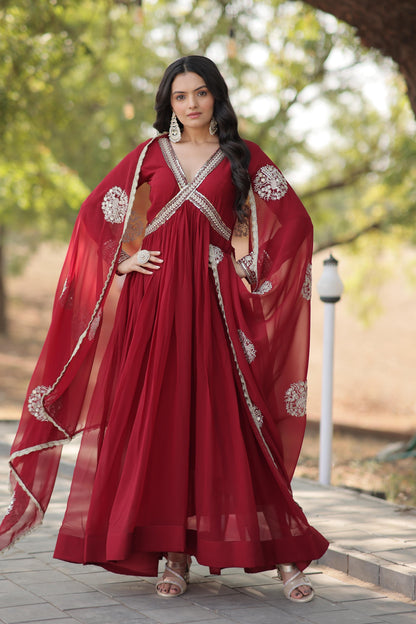 Designer Long Alia Cut Ethnic Readymade Gown with Dupatta