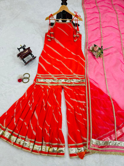 Orange Laheriya Sharara suit for Rakhi, Navratri and Festive wear