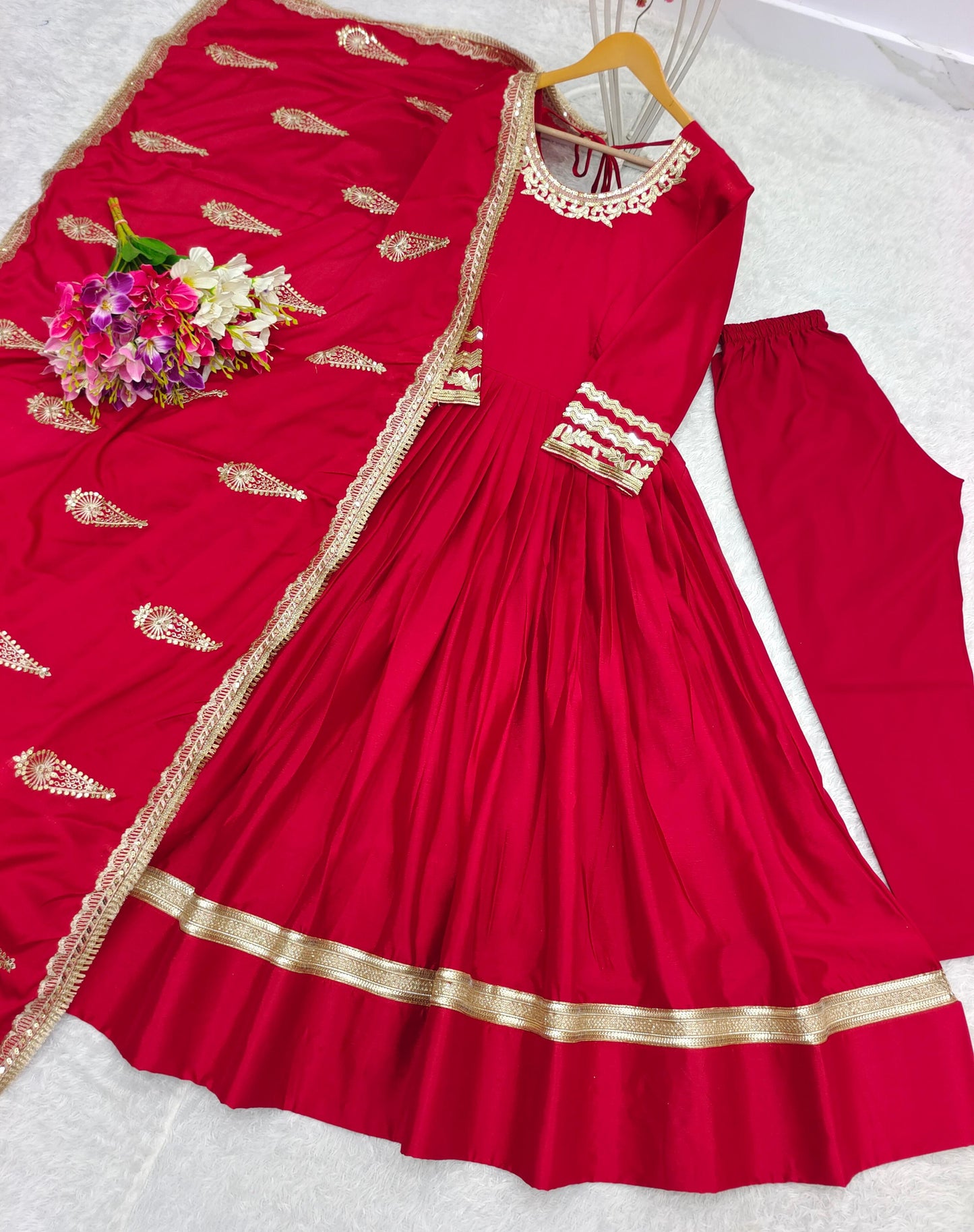 Designer Masaba Print Inspired Red Anarkali Gown Suit for Karwachauth