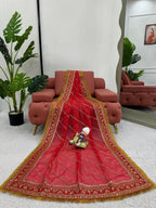 Jahnvi Kapoor Trending Bollywood Red Organza Saree