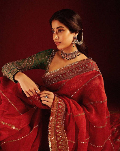 Jahnvi Kapoor Trending Bollywood Red Organza Saree