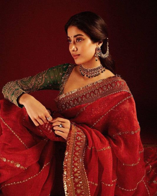 Jahnvi Kapoor Trending Bollywood Red Organza Saree