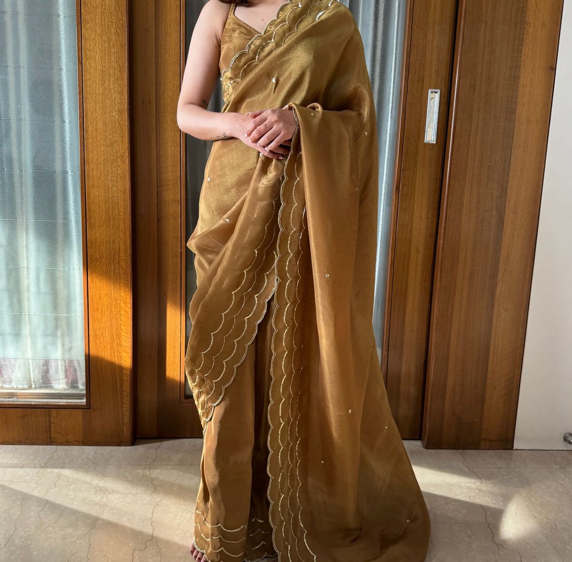 Designer inspired Golden Colour Silk Saree for Festival and Party