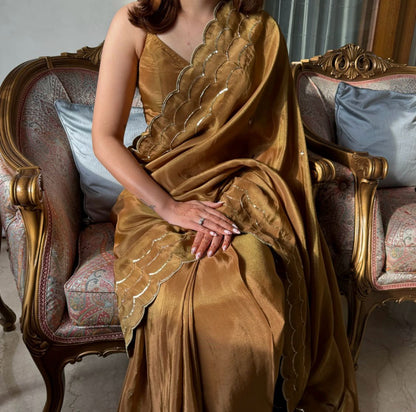 Designer inspired Golden Colour Silk Saree for Festival and Party