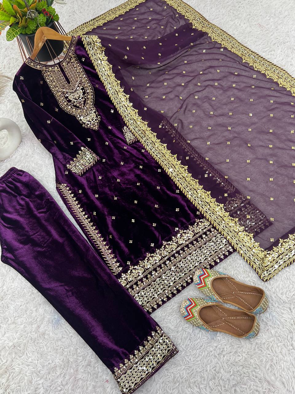 Wine Colour velvet Suit set for Party and wedding function