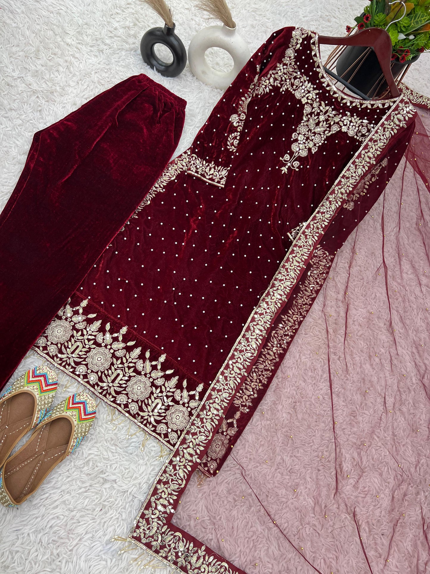 Readymade Velvet Suit set with  Net Dupatta