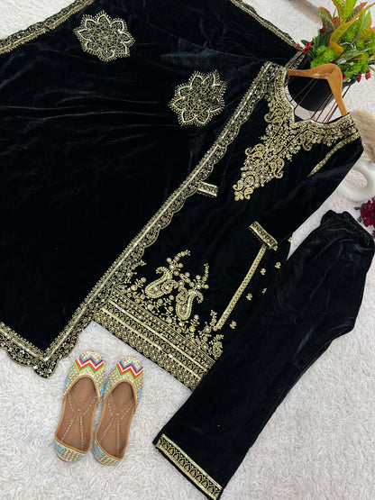 Black Velvet Ready to wear Salwar Suit set with Velvet Dupatta