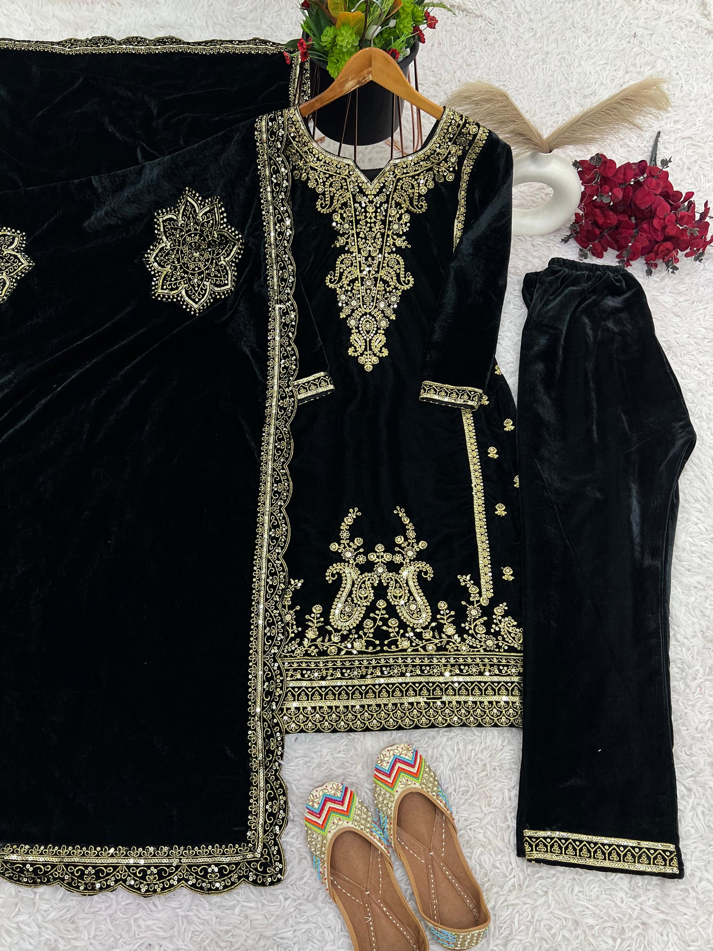 Black Velvet Ready to wear Salwar Suit set with Velvet Dupatta