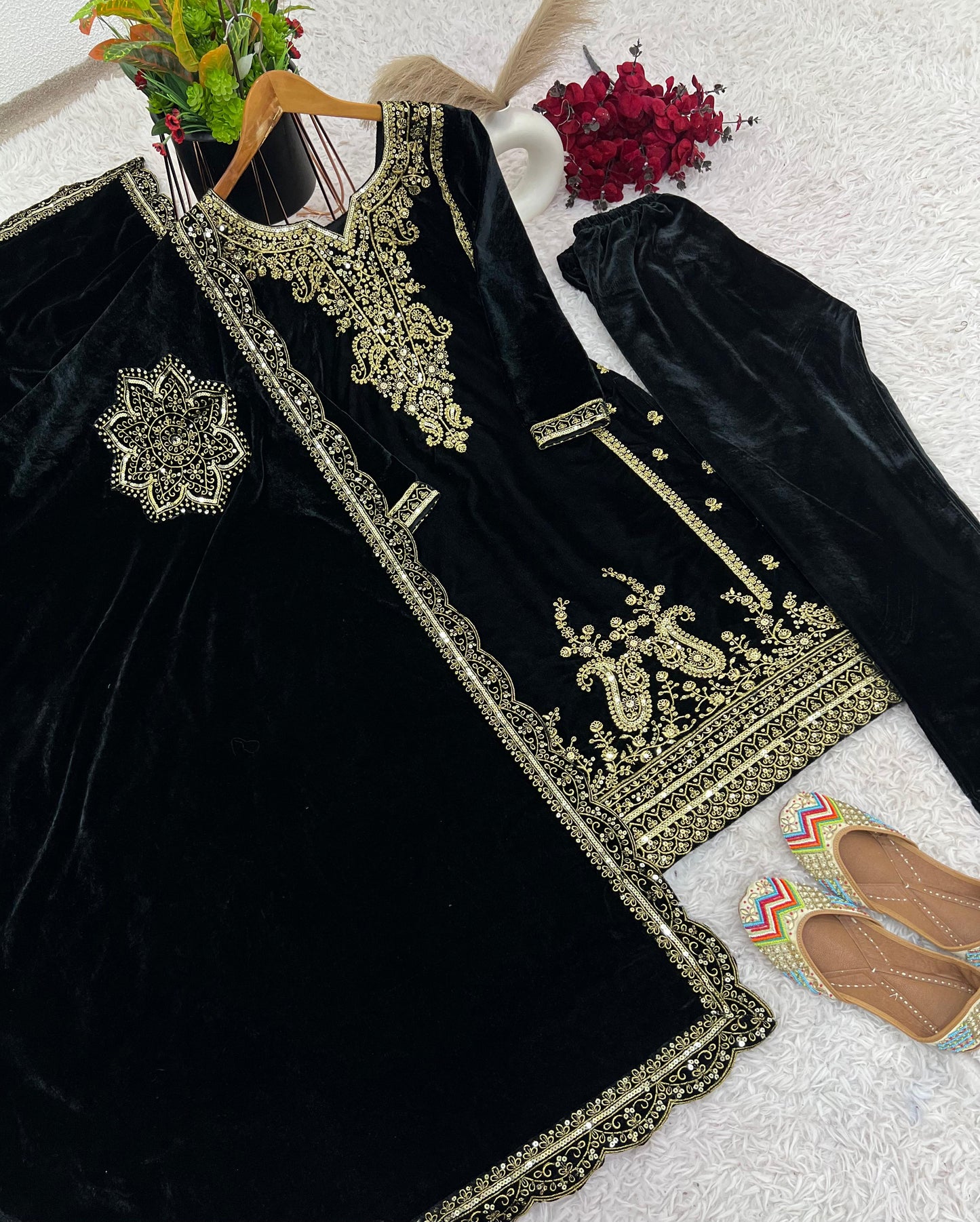 Black Velvet Ready to wear Salwar Suit set with Velvet Dupatta