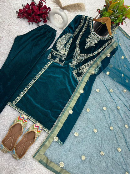 Pakistani Style velvet Salwar Kurta with Net Dupatta