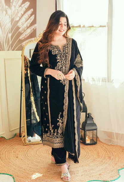 Black Velvet Ready to wear Salwar Suit set with Velvet Dupatta