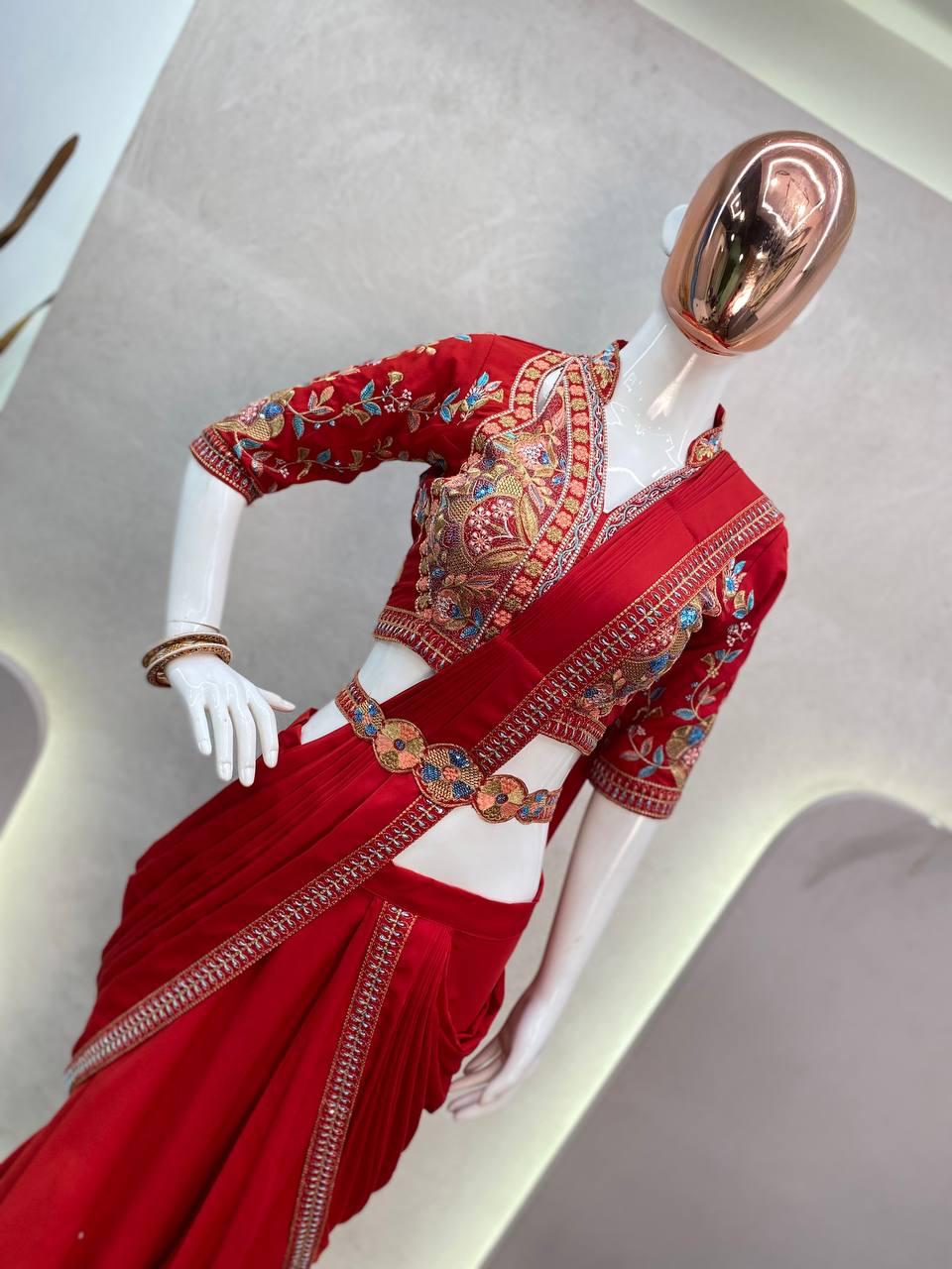 Red Indo western Ready to wear lehenga saree with belt