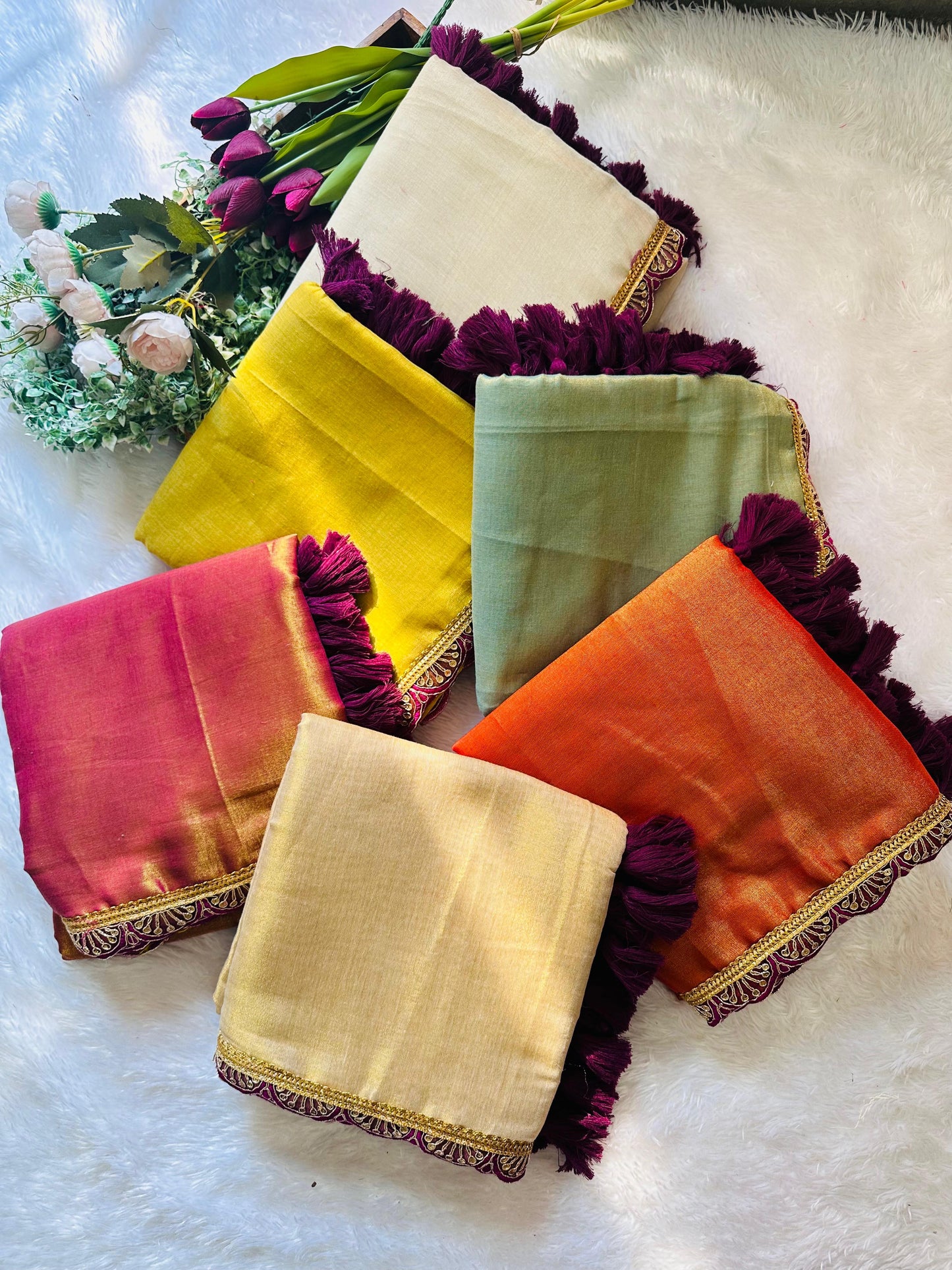 Rashmika Trending Tissue Saree with Tassels Available in 6 colours