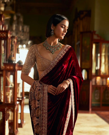 Designer velvet and net half and half saree for wedding